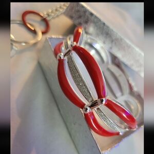 Crushed Rhinestone Silver & Red Hinged Bangle Bracelet